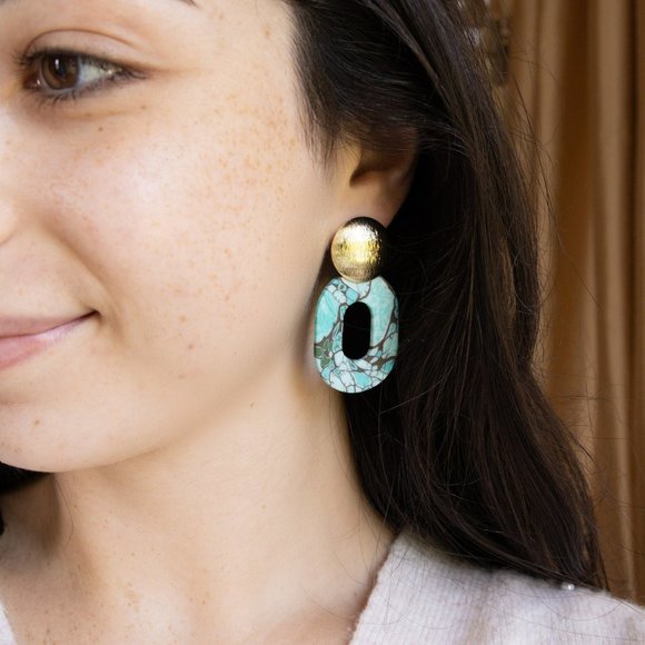 Blue + Gold Oval Earrings, Lightweight Earrings, Handmade Polymer Clay Earrings - Picture 3 of 4